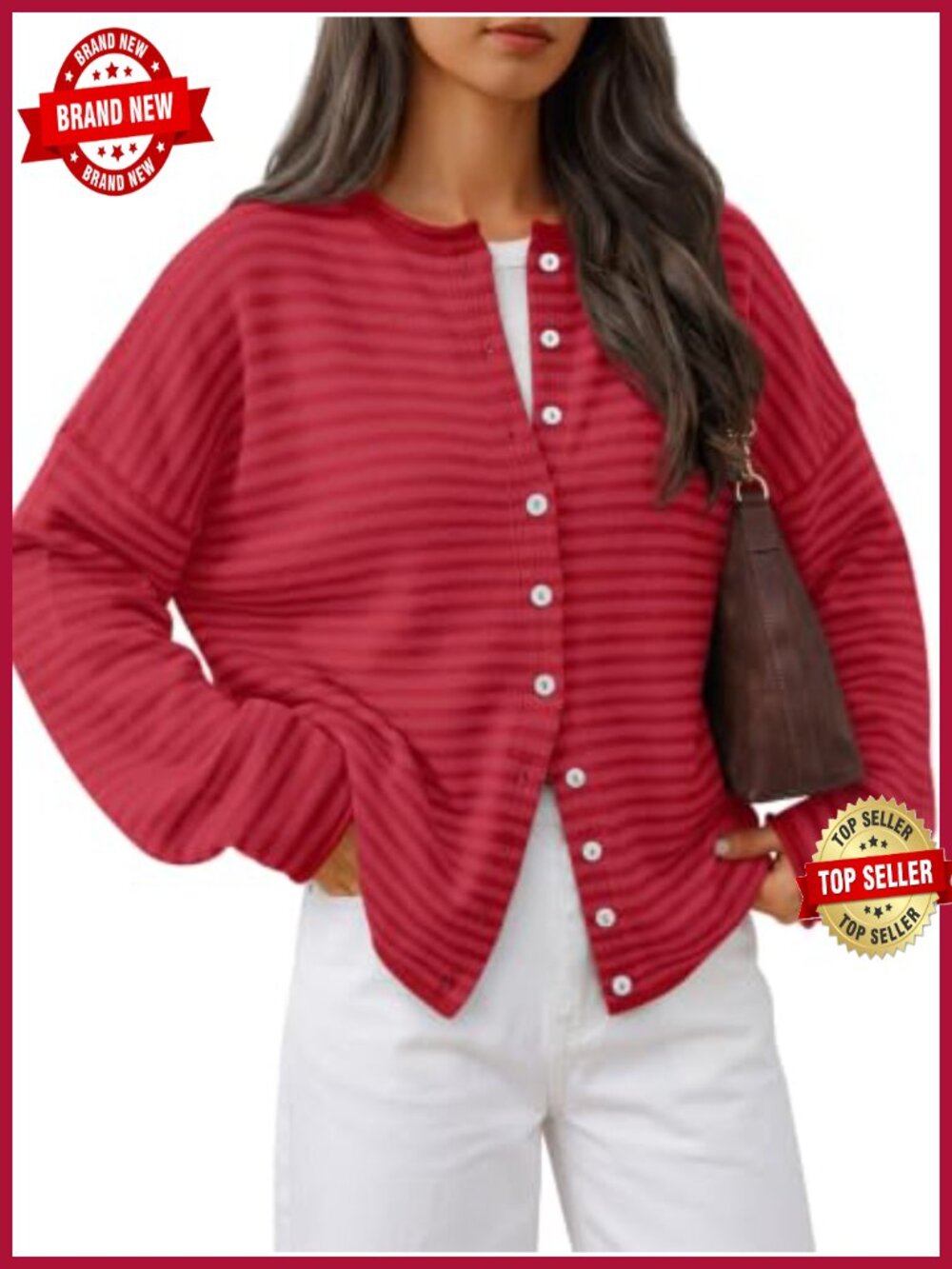 Oversized Striped Cardigan Button Front Rolled Edge Soft Knit